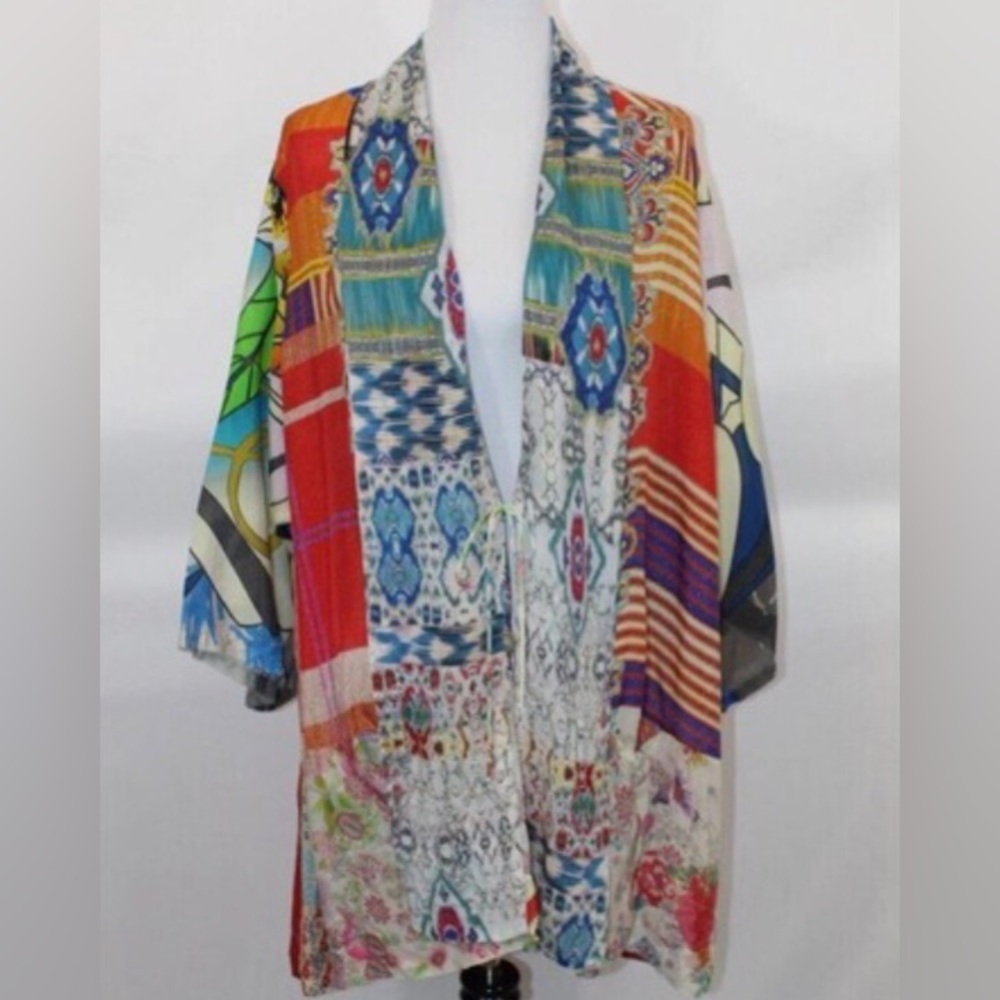 JOHNNY WAS Mix Print Kimono Jacket Cardigan Rayon Silk